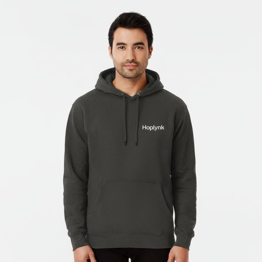 Man wearing a dark gray hoodie with 'Hoplynk' logo on a white background